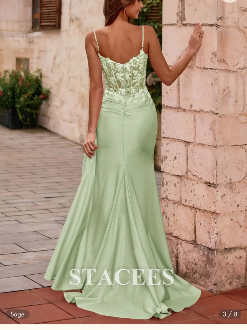 Mermaid V Neck Sheer Beaded Corset Slit Prom Dress with Side Draping Sage NWT 0 - Picture 2 of 9